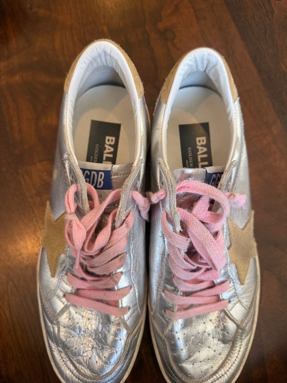 Golden Goose Silver Leather Sneakers with Pink Laces and Tan Star - Picture 3 of 3